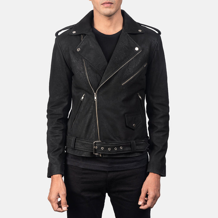 Marshal Distressed Black Leather Biker Jacket