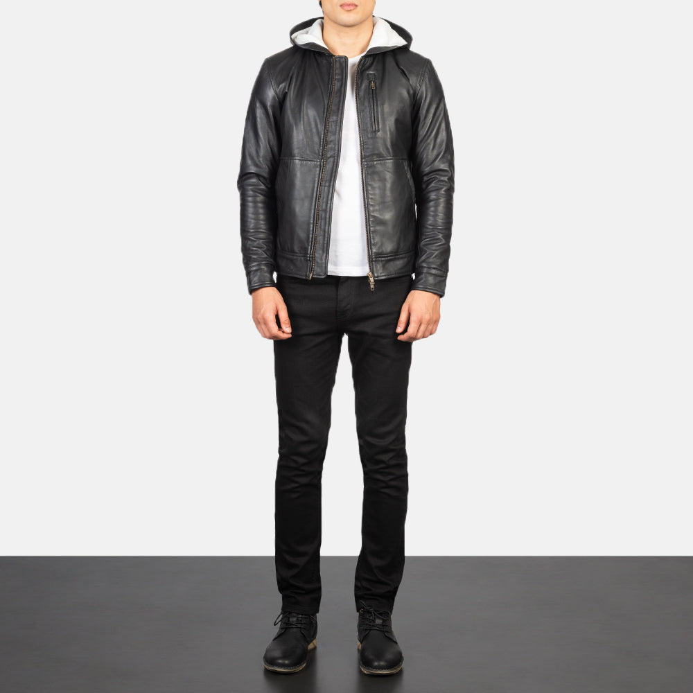 Black Hooded Leather Jacket For Men