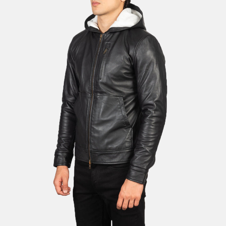 Black Hooded Leather Jacket For Men