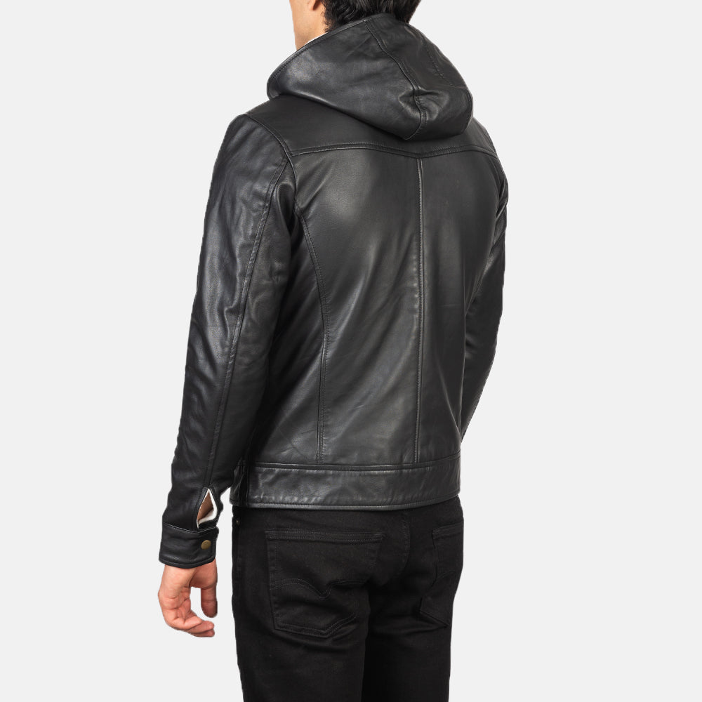 Black Hooded Leather Jacket For Men