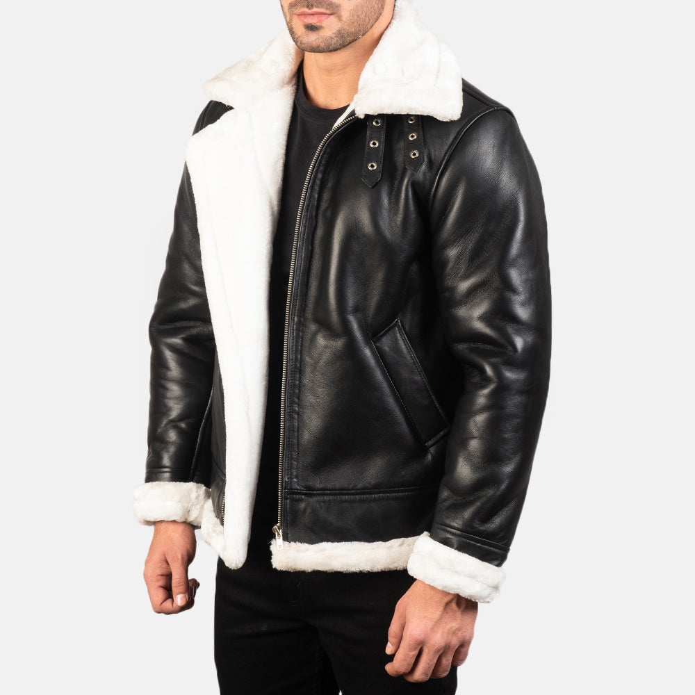 Black And White Furr Bomber Leather Jacket