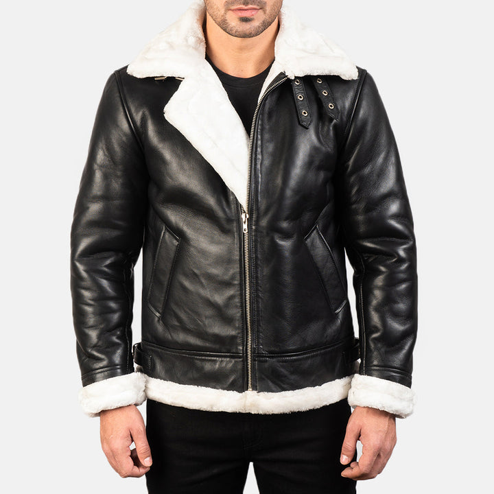 Black And White Furr Bomber Leather Jacket