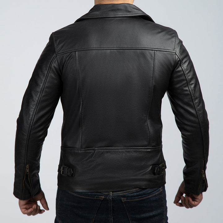 Mild Grain Black Leather Biker Jacket Back