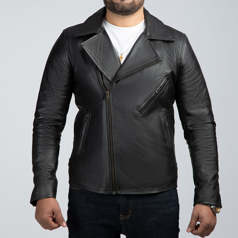 Mild Grain Black Leather Biker Jacket Front Close