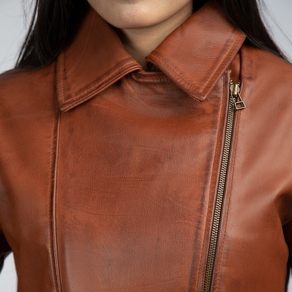 Natalie Brown Leather Coat Close