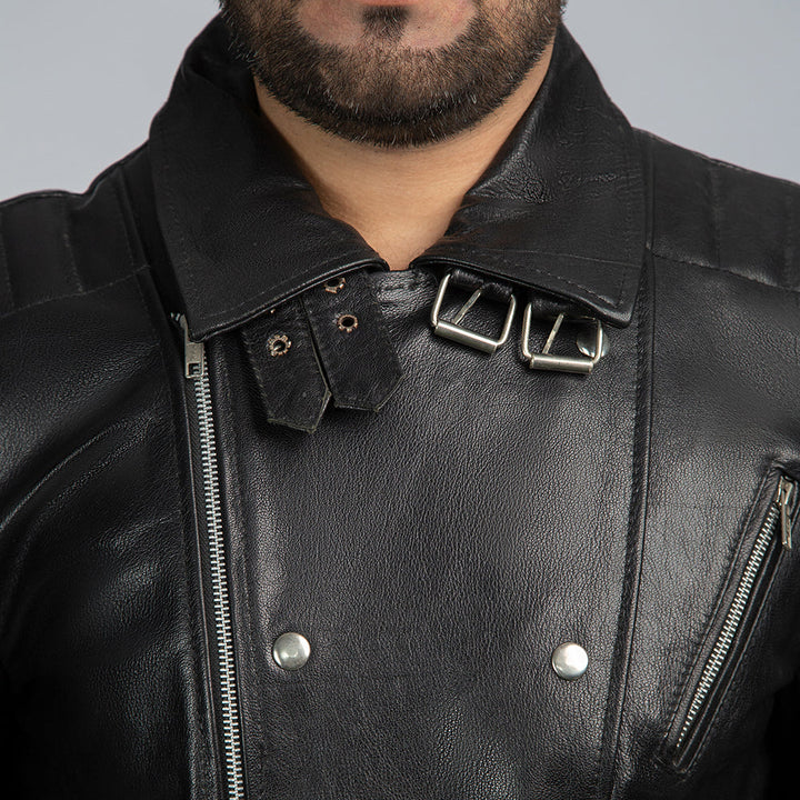 Nightwalker Black Leather Biker Jacket Close