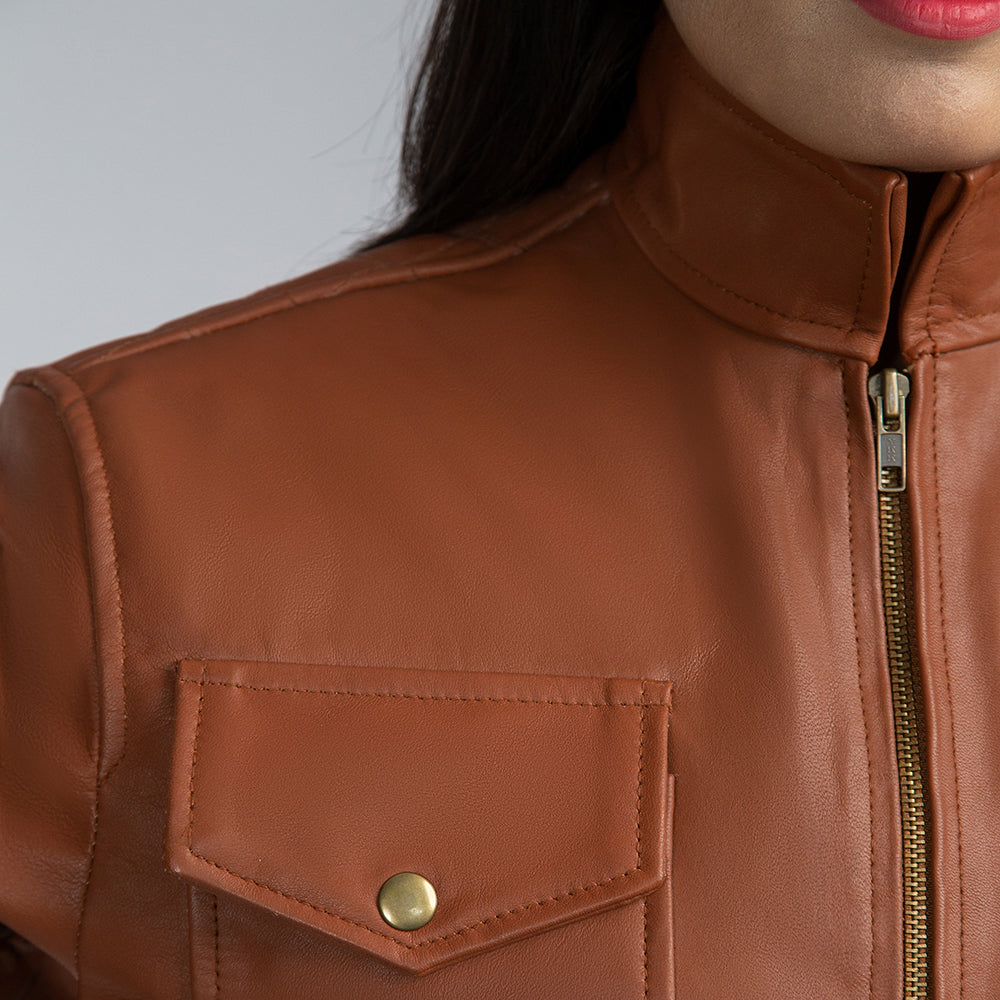 Rachel Brown Leather Jacket Close