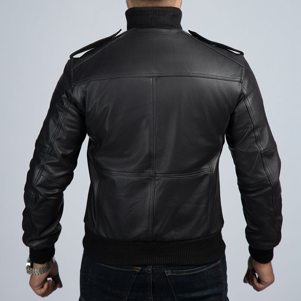 Ranger Black Leather Bomber Jacket Back