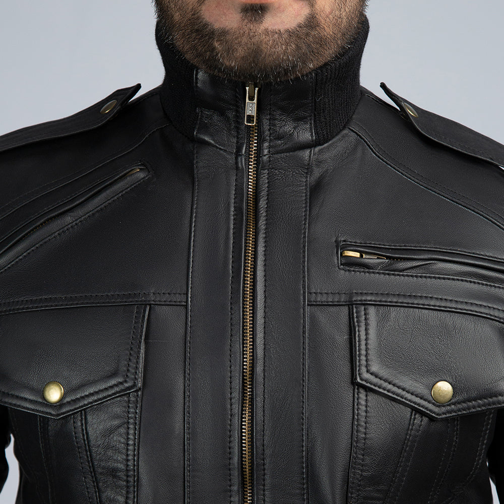 Ranger Black Leather Bomber Jacket Close