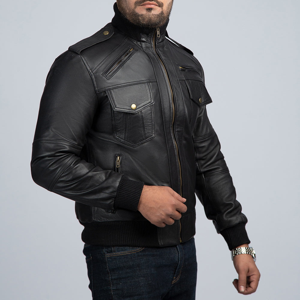 Ranger Black Leather Bomber Jacket Side Pose