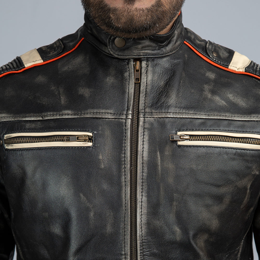 Retro 3 Distressed Leather Biker Jacket Close