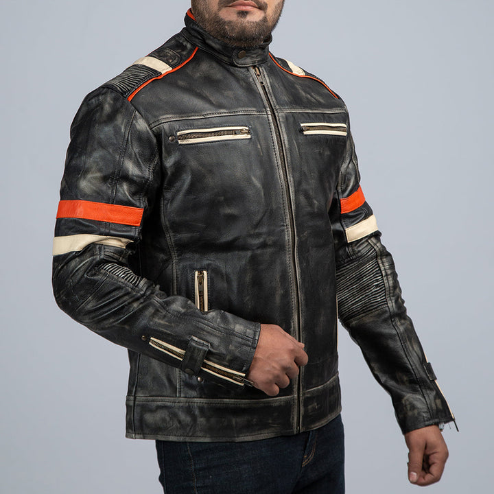 Retro 3 Distressed Leather Biker Jacket Side Pose