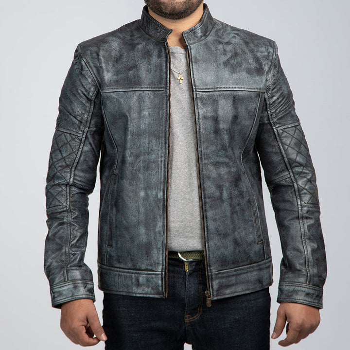 Shooter Distressed Leather Biker Jacket Front Open