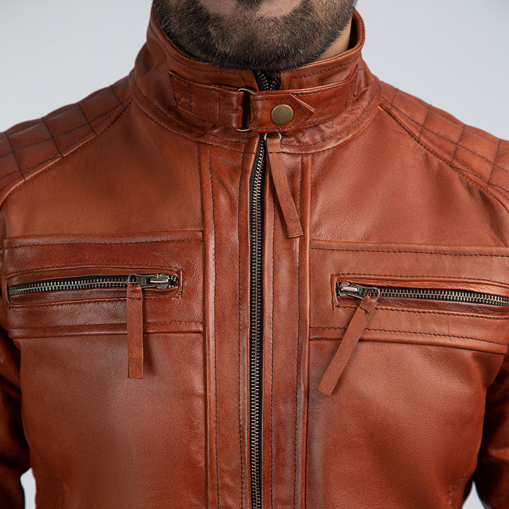 Speedster Brown Leather Biker Jacket Close