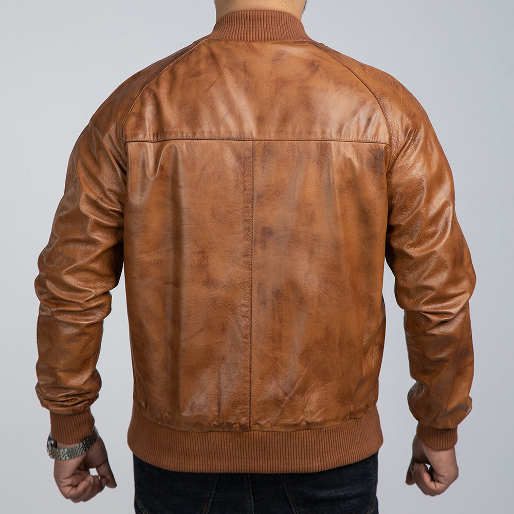 Thomas Brown Leather Bomber Jacket Back