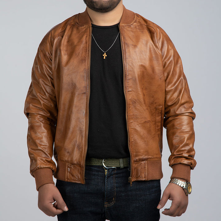 Thomas Brown Leather Bomber Jacket Open