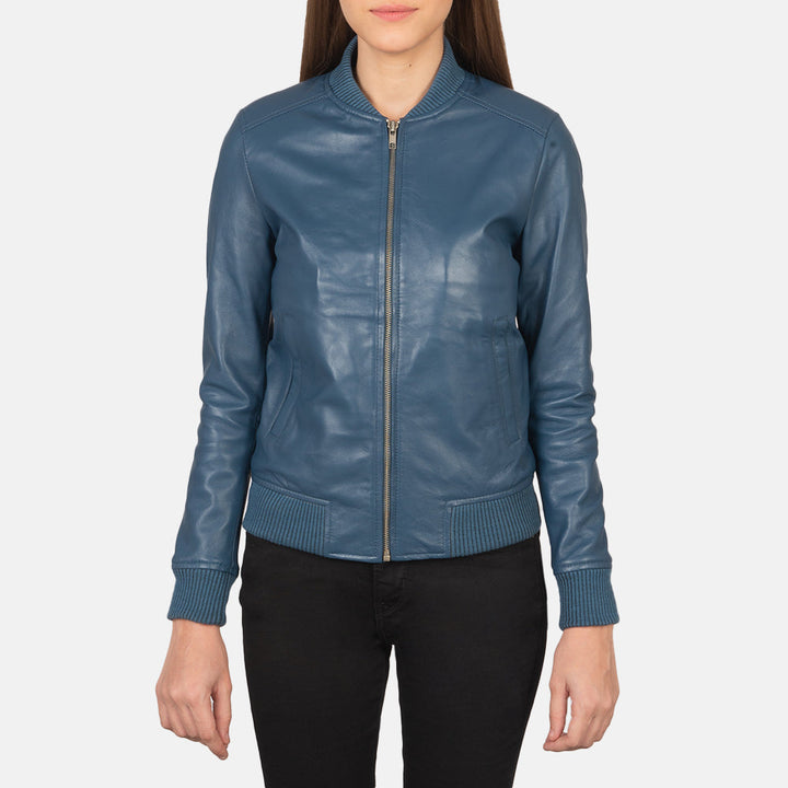 Blesso Blue Women Leather Jacket