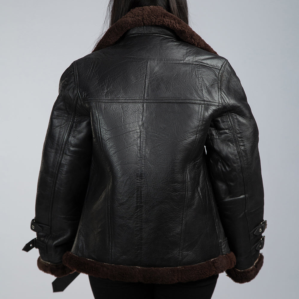 Women's Black Leather Fur Jacket Back