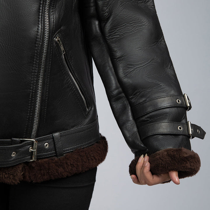 Women's Black Leather Fur Jacket Cuff