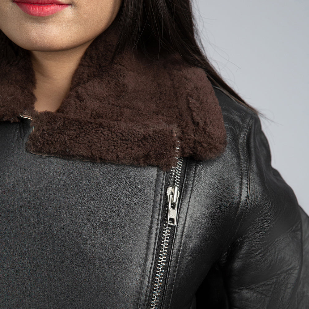 Women's Black Leather Fur Jacket Close