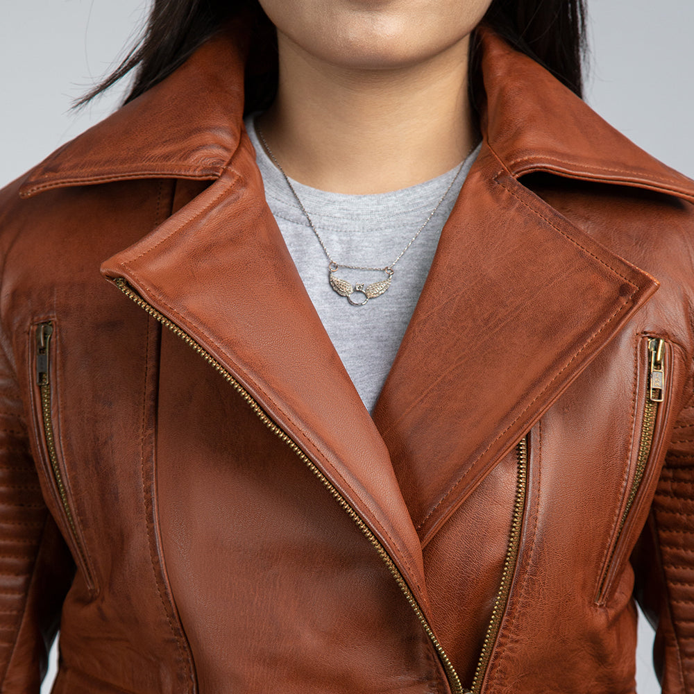 Womens Brown Leather Biker Jacket Close