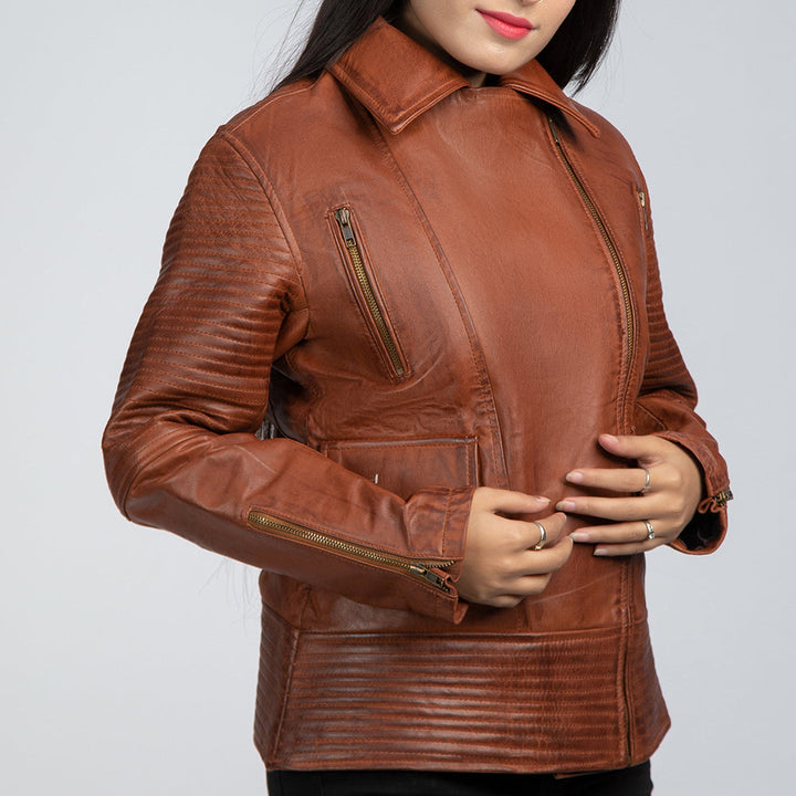 Womens Brown Leather Biker Jacket Side Pose
