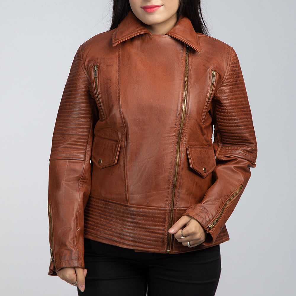 Womens Brown Leather Biker Jacket Front Close