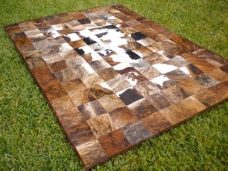White & Brown Squares Handmade Cowhide Patchwork Rug