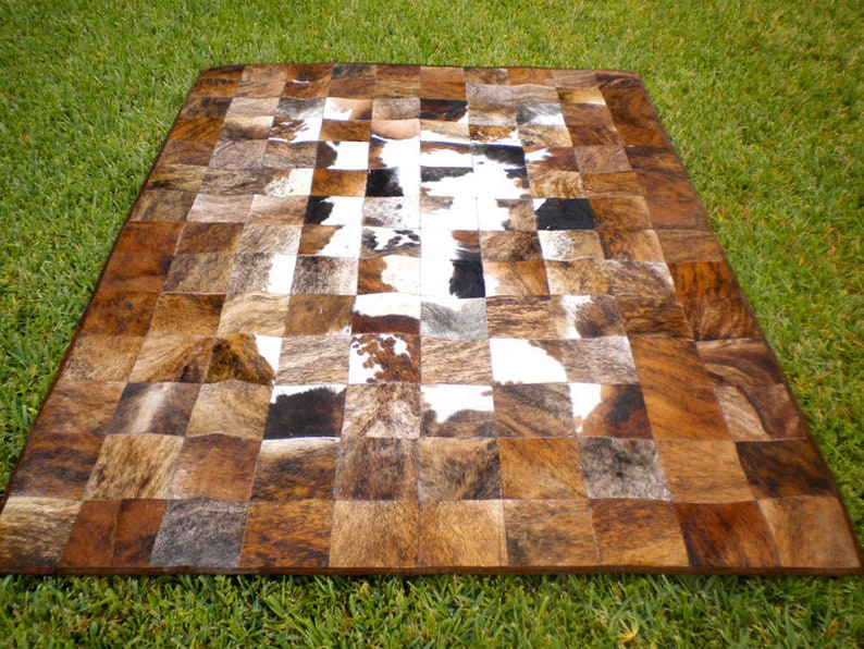 White & Brown Squares Handmade Cowhide Patchwork Rug