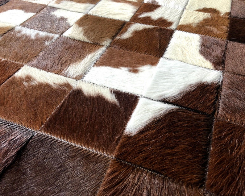 White & Brown Blocks Handmade Cowhide Patchwork Rug