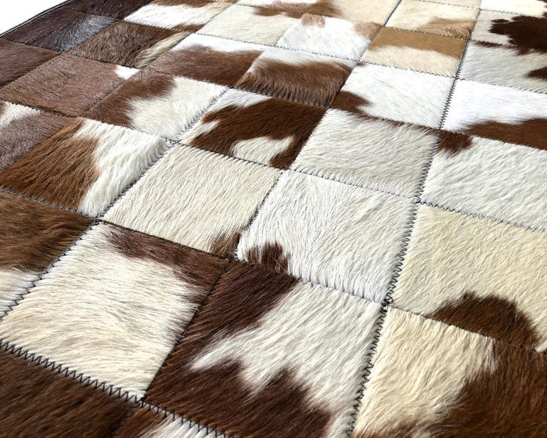 White & Brown Blocks Handmade Cowhide Patchwork Rug