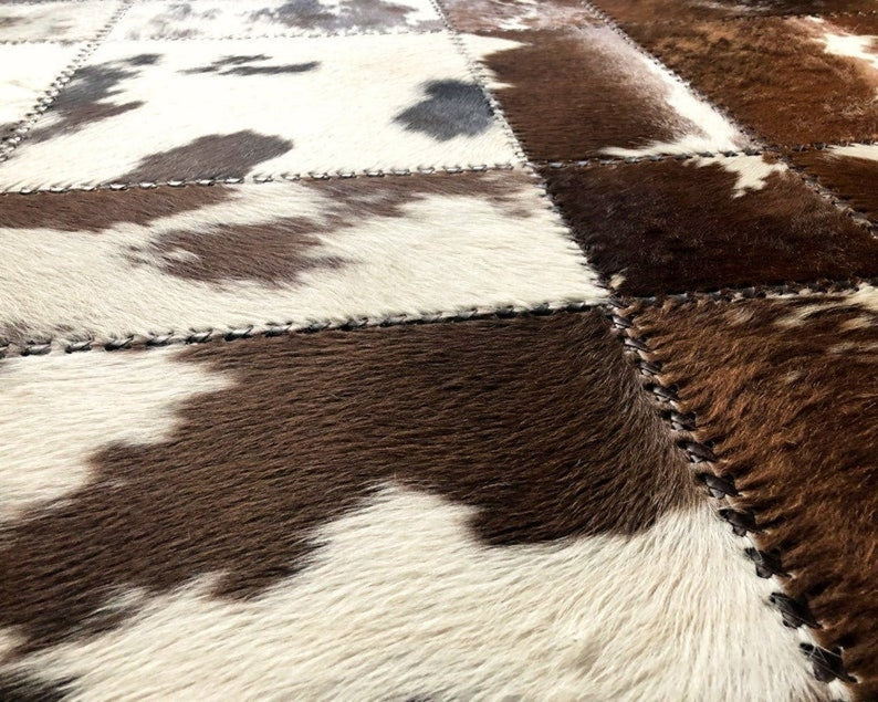 Brown & White Blocks Handmade Cowhide Patchwork Rug