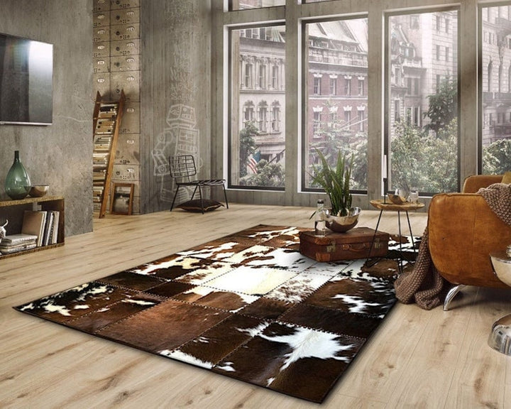 Brown & White Blocks Handmade Cowhide Patchwork Rug